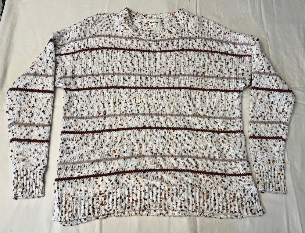 Pulse Speckled Knit Pullover Sweater Large Cream Brown Striped Cozy Oversized